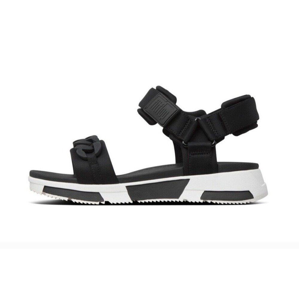 Fitflop Sandals Size 10‎ Heda Chain Back-Strap Black Chunky Sole Athleisure